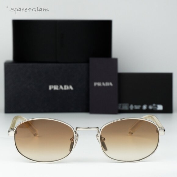 Prada Men Sunglasses Silver Yellow Grad Brown Oval PRB53S 1BC80K NEW AUTHENTIC - Picture 1 of 10